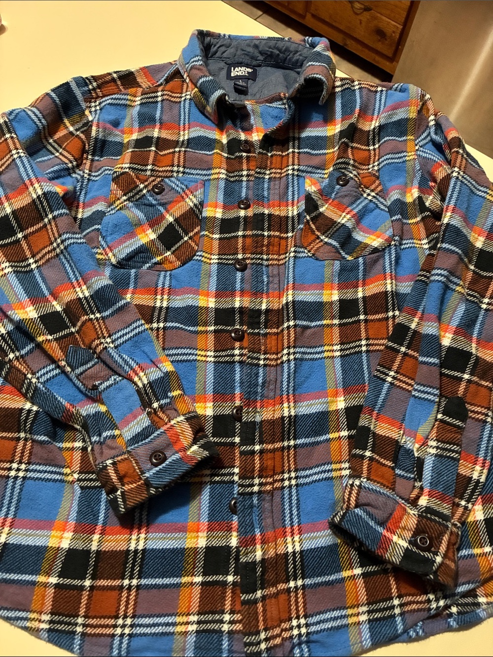 Lands' End Men's Blue, Brown & Black Plaid Button-Down Flannel Shirt